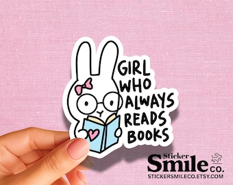 Book Lover White Bunny Sticker, Girl Reading with Glasses, Rabbit Vinyl Decal Graphic
