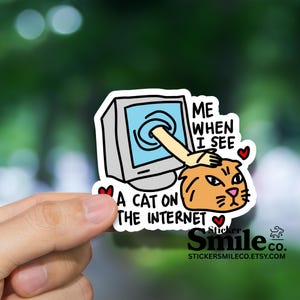 May include: A sticker with a cartoon cat and computer design. The text reads "Me when I see a cat on the internet." The cat is orange with a grumpy expression. The computer is gray and blue.