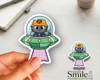 Cat in UFO Sticker | Space Cat Vinyl Decal for Laptop Water Bottle Kindle