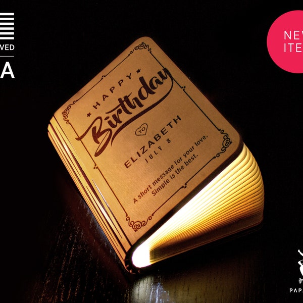 Lámpara de libro de cumpleaños personalizada grabada en madera, luz LED magnética de color