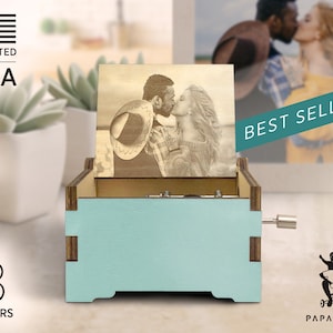 Fully Customized Hand-cranked Music Box, 8 Color Options, 14 Designs, 32+ music available, Engraved loving notes/ Your photo