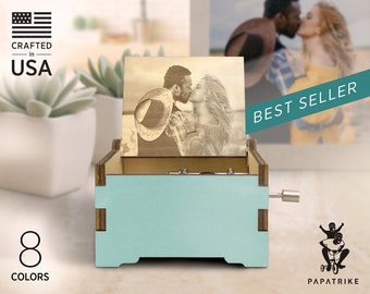 Fully Customized Hand-cranked Music Box, 8 Color Options, 14 Designs, 32+ music available, Engraved loving notes/ Your photo