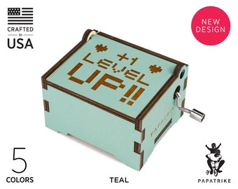 1 LEVEL UP Personalized Music Box, 5 Colors on Basswood, 32+ music available, Custom Engraved Loving Notes/ Photo