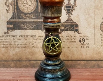 Oak,Brown,pentacle,charm,spell candle holder,handmade,3 inch tall,altar candle,chime holder,wiccan pagan altar,ecofriendly,wood