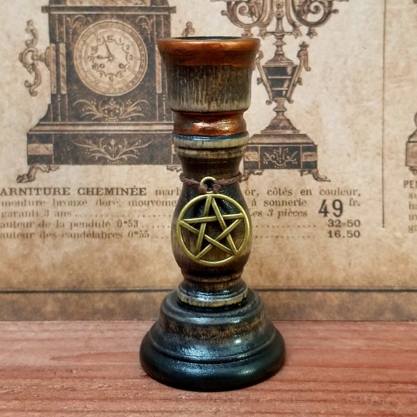 Oak,Brown,pentacle,charm,spell candle holder,handmade,3 inch tall,altar candle,chime holder,wiccan pagan altar,ecofriendly,wood
