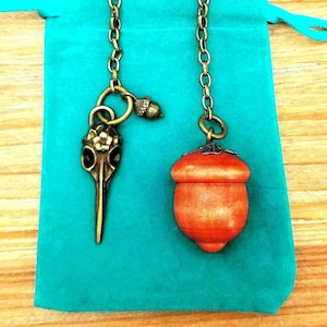 Puede incluir: Dos collares de tono bronce con colgantes únicos. Uno presenta un cráneo de pájaro, el otro una bellota naranja. Ambos cuelgan de delicadas cadenas y se exhiben sobre un fondo de tela turquesa. El colgante de bellota mide aproximadamente 2,5 cm de altura.