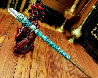 Quartz Crystal Magic Wand: Handmade Oak Altar Ritual Tool Pagan Wand