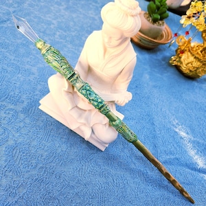 Crystal dragonfly wand,dragon wand,14 inch, oak,pagan wand,green gold,druid wand,magic wand