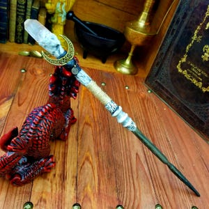 Quartz,crystal,long,druid wand,14 inch,oak,crescent moon,black,ivory,wiccan pagan altar,ritual wand,handmade,one of a kind,magic wand,druid