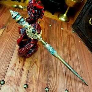 Custom wand,12 inch,oak crescent moon,blue,bronze,wiccan pagan altar,ritual wand,handmade,OOAK,magic wand old gods,druid