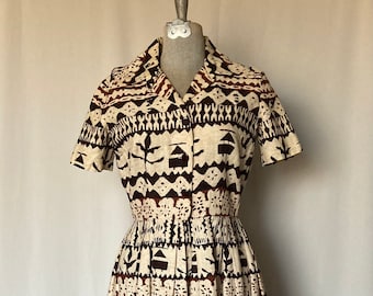 1950s Vintage Handmade African Print Barkcloth Dress African Barkcloth Painting Style 50s Dress Size Small/Medium