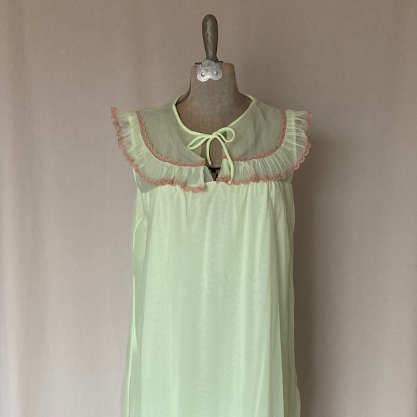 1960s Vintage Avian Fluorescent Yellow Lime Green Pink Lace Ruffle Babydoll Nightgown Nylon Sheer Chiffon Union Tags Size Large