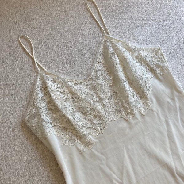 50s vintage gotham gold stripe lace slip dress | cream white midi length sheer nylon cottagecore lingerie | size small/medium