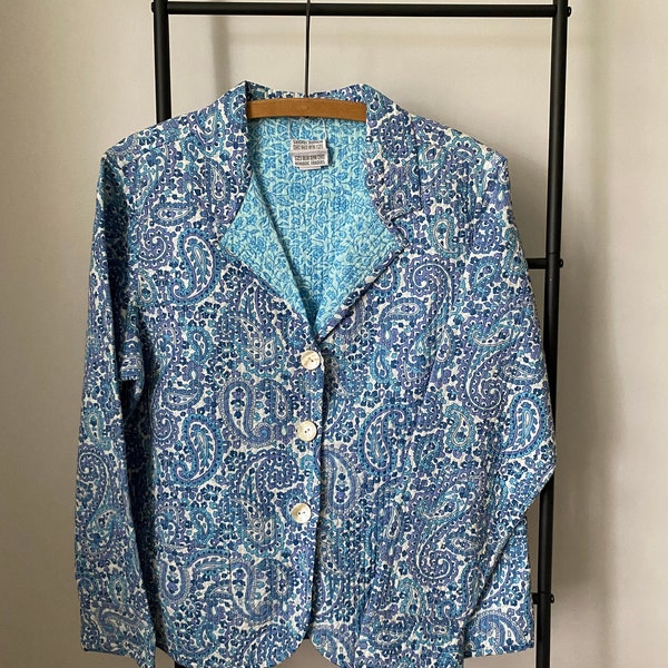 80s 90s vintage Nomadic Traders blue floral paisley blazer | quilted jacket unique artsy style aesthetic coat layering piece | size large