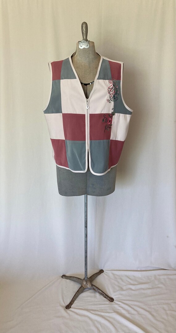 90s Vintage G. W. Patchwork Zipper Vest Sage Green and Dusty Rose  