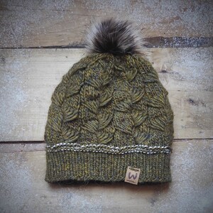 Hand-knitted khaki removable pompom wool cap