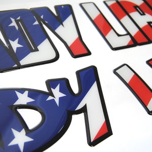 Custom Boat Decals. Boat names and hailing ports. Custom Boat lettering domed with the American flag fill. Domed 3M high Quality Vinyl.