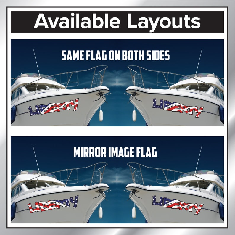 Puede incluir: Dos im&aacute;genes de un barco blanco con la palabra "LIBERTY" escrita en rojo, blanco y azul en el lateral. La imagen superior muestra la misma bandera en ambos lados del barco. La imagen inferior muestra una bandera en espejo a cada lado del barco.