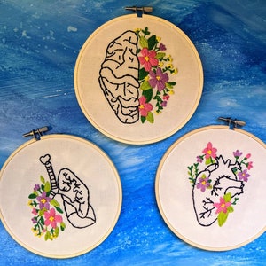 Anatomical Floral Heart, Lungs, and Brain Embroidery