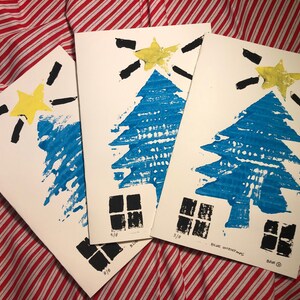 BLUE CHRISTMAS Original Folk Art Graphic Art Collagraph Print Card