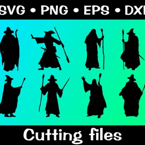 May include: Eight black silhouette images of wizards with pointed hats and staffs. The wizards are in various poses, including standing, walking, and casting spells. The images are on a blue and green gradient background. The text "SVG • PNG • EPS • DXF" is at the top of the image and the text "Cutting files" is at the bottom of the image.
