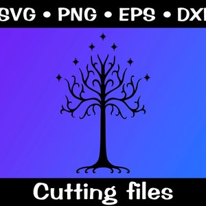 May include: Black silhouette of a tree with a single trunk and many branches, with small stars above it. The tree is on a blue and purple gradient background. The text "Cutting files" is below the tree.