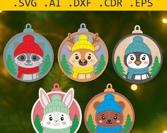 May include: Five laser-cut Christmas ornaments featuring woodland animals: a raccoon, deer, penguin, bunny, and bear. Each ornament has a circular design with a cute animal face, a winter hat, and a scarf. The text "Digital product for laser cutting" is at the top.