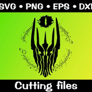 May include: Black and white silhouette of the Eye of Sauron from the Lord of the Rings, with the inscription "One Ring to rule them all, One Ring to find them, One Ring to bring them all and in the darkness bind them" in Elvish script.