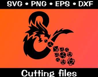 May include: Black and white silhouette of a dragon curled around the ampersand symbol, with a cluster of dice below. The text "Cutting files" is at the bottom of the image.