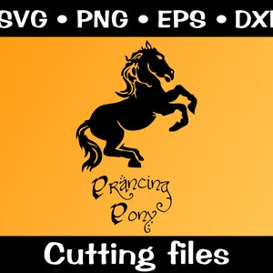 May include: Black silhouette of a prancing pony with the text "Prancing Pony" underneath. The background is a gradient of orange and yellow. The text "Cutting files" is at the bottom of the image.
