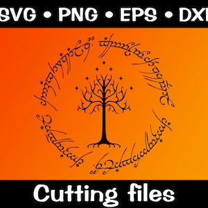 Puede incluir: Silueta en blanco y negro de un árbol con un círculo de texto a su alrededor. El texto dice "Un anillo para gobernarlos a todos, Un anillo para encontrarlos, Un anillo para atraerlos a todos y en las tinieblas atarlos." El fondo es un degradado de naranja y amarillo.