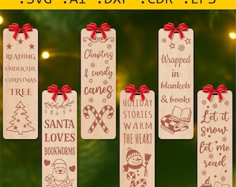 May include: Wooden Christmas-themed bookmarks with red bows. Each bookmark features festive designs and text, including a Christmas tree, candy canes, and the phrase "Let it snow let me read." The image also includes file type information.