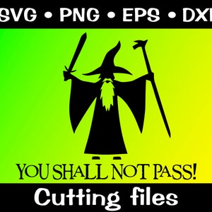 May include: A black silhouette of a wizard holding a sword and staff, with a green and yellow gradient background. The text "YOU SHALL NOT PASS!" is below the wizard. The text "Cutting files" is below the text.