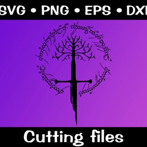 May include: Black and white silhouette of a tree with a sword through the trunk. The tree is surrounded by a circle of text in Elvish script. The background is a gradient of purple.