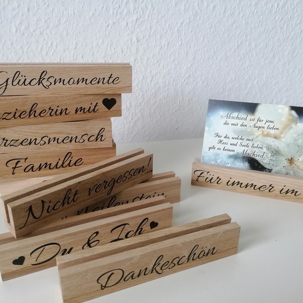 Wooden photo and card holder with saying personalized / printed / card stand / picture holder / postcard holder / note holder