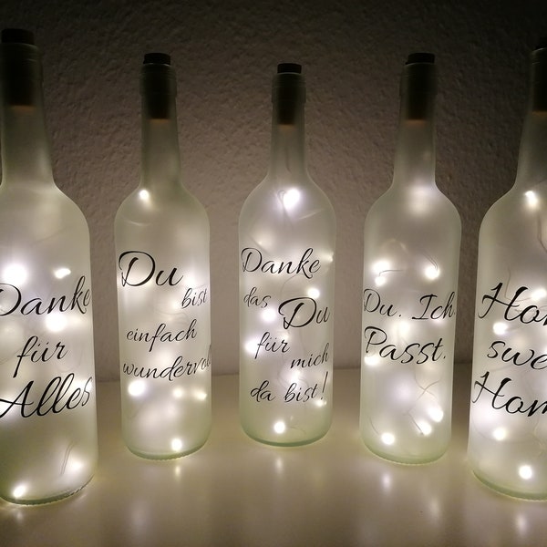 Flaschenlicht incl. LED-Lichterkette / Leuchtflasche mit Spruch in Milchglasoptik  / Geschenk / Deko / Geburtstag