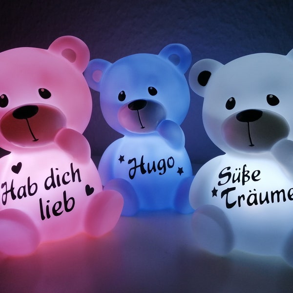 LED Nachtlicht Bär Teddy personalisiert / mit Namen / Kinderzimmer / Deko / Geschenk Geburtstag für Babys Kinder / rosa blau weiß