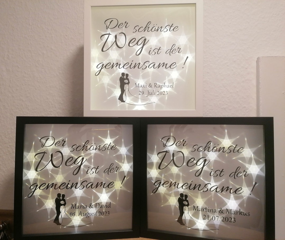 Hochzeit beleuchteter Bilderrahmen "Der schönste Weg..." mit Spruch