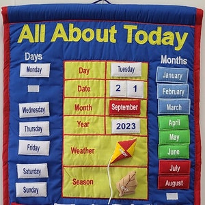 All About Today Kids Cloth Calendar by Pockets of Learning Interchangable Early Learning Preschool Wall Hanging (English or Spanish/Espanol)