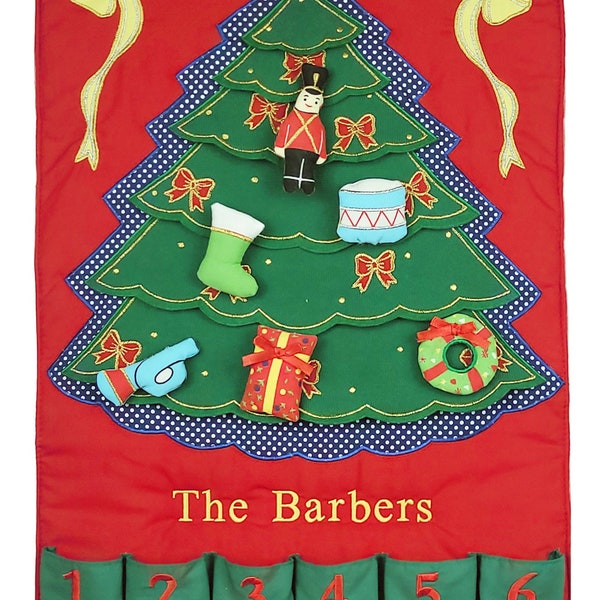 Personalized Green Christmas Tree Fabric Advent Wall Hanging Calendar, Family Countdown with 24 Ornaments by Pockets of Learning