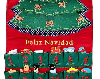 Feliz Navidad Green Christmas Tree Fabric Spanish Advent Calendar, Interactive Family & Kids Wall Hanging Countdown by Pockets of Learning