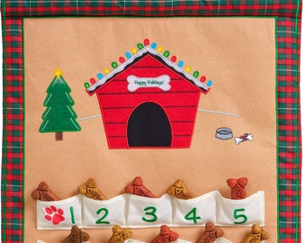 May include: A felt advent calendar for dogs, featuring a red dog house with a white sign that says "Happy Holidays!" and 25 pockets with dog bone-shaped treats.