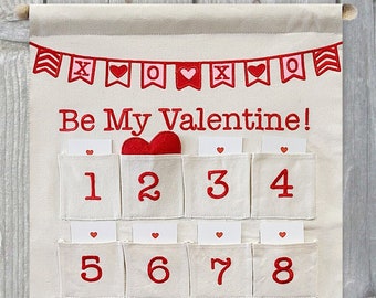 Valentine Countdown Calendar Canvas Wall Hanging Decor w/ Felt Heart Marker for Families and Kids with Activity Cards by Pockets of Learning