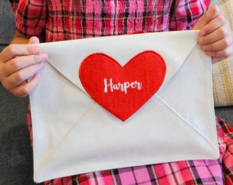 Personalized Valentine Heart Canvas Envelope with hanging loop for mantle, chair, door, classroom party by Pockets of Learning