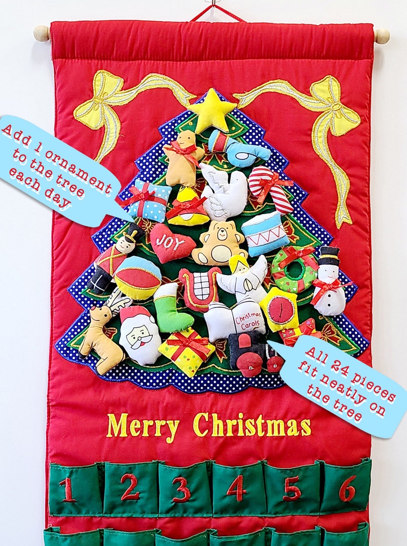 Merry Christmas Tree Fabric Advent Calendar, Family Kids Wall Hanging Countdown with 24 Ornaments by Pockets of Learning image 7