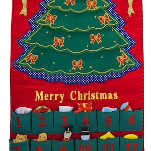 Merry Christmas Green Tree Fabric Advent Calendar, Family Kids Wall Hanging Countdown with 24 Ornaments by Pockets of Learning