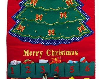 Merry Christmas Tree Fabric Advent Calendar, Family Kids Wall Hanging Countdown with 24 Ornaments by Pockets of Learning