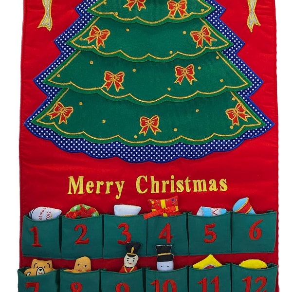 Merry Christmas Tree Fabric Advent Calendar, Family Kids Wall Hanging Countdown with 24 Ornaments by Pockets of Learning