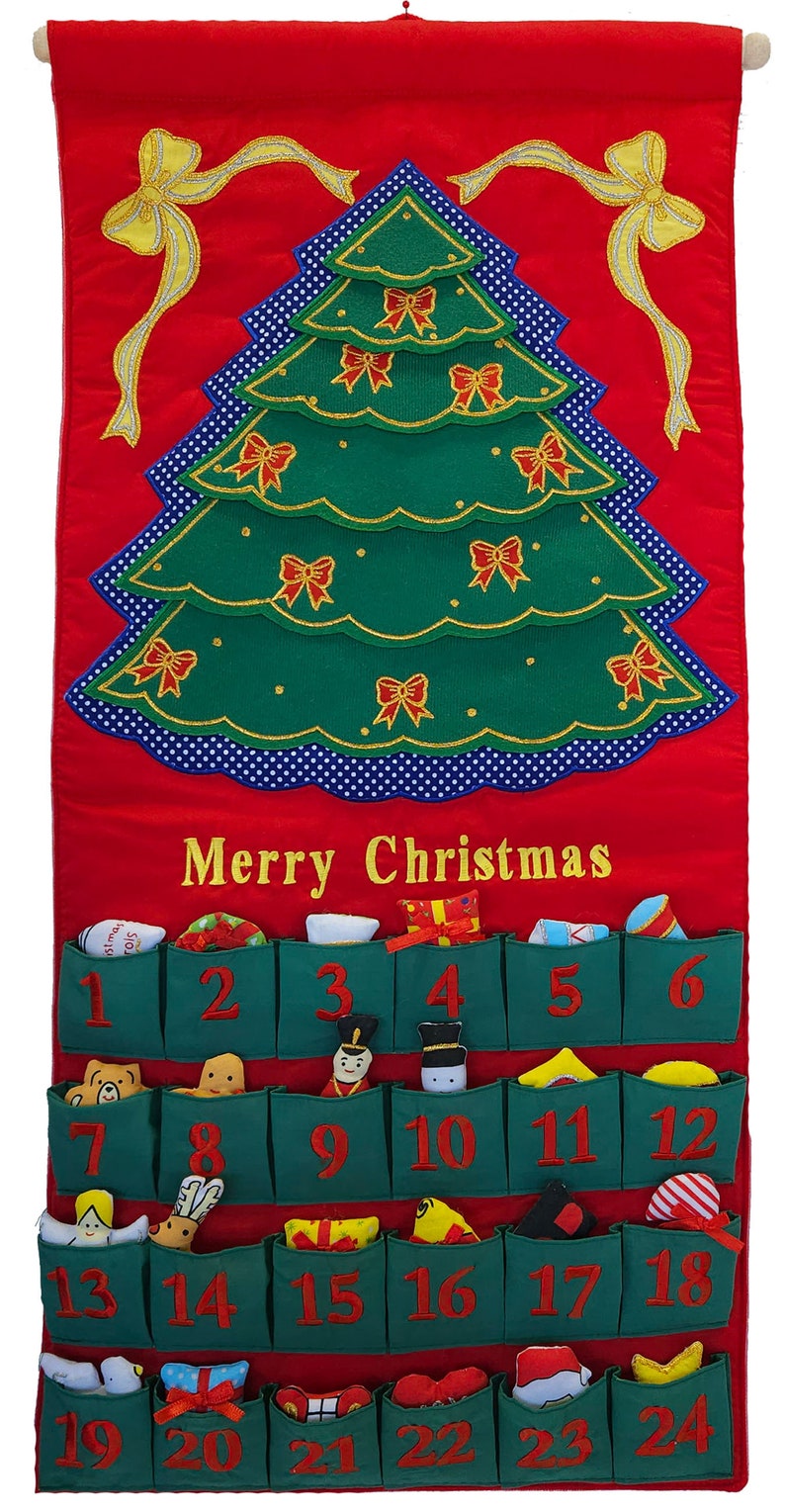 Merry Christmas Tree Fabric Advent Calendar, Family Kids Wall Hanging Countdown with 24 Ornaments by Pockets of Learning image 1