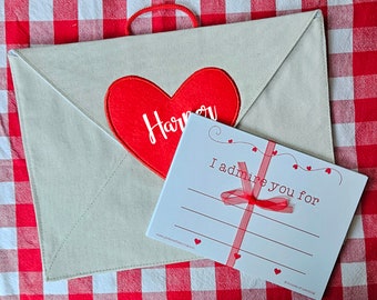 Personalized Valentine Heart Canvas Envelope w/ 14 Love Note Cards with hanging loop for mantle, chair, door by Pockets of Learning